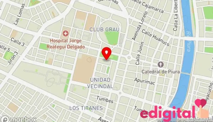 mapa de Clínica Especializada Carita Feliz Clínica ambulatoria, Laboratorio de análisis clínicos, Oficina médica, Oftalmólogo, Dentista infantil, Pediatra, Farmacia, Psiquiatra, Cirujano en Piura